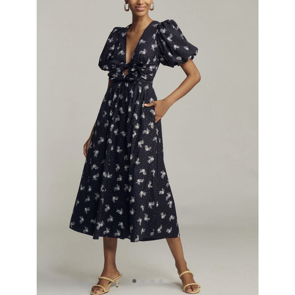 NWT Lovaan Devon Bow Midi Dress Puff Sleeve Vintage Rose US 8